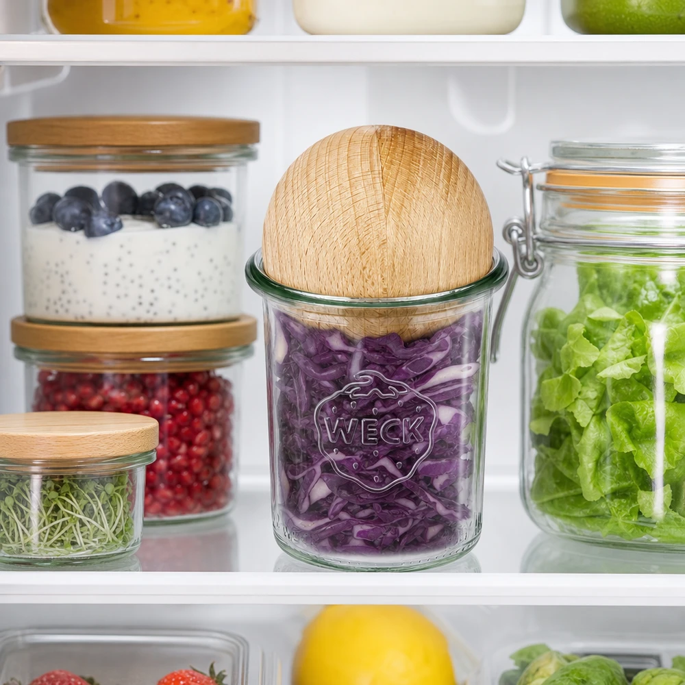 160ml stortglas WECK RR60 met houten bal WECK RR60 160ml mason jar met houten bal beuken in de koelkast voor het bewaren van paarse kool naast andere voorraadpotten