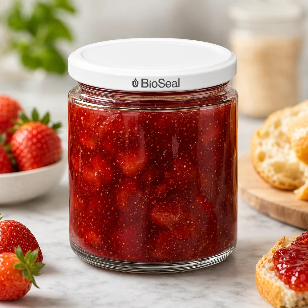 Honingpot 350 g met witte BioSeal UNiTWIST-deksel 250 ml honingpot BioSeal UNiTWIST gevuld met zelfgemaakte aardbeienjam geserveerd met verse aardbeien en broodjes