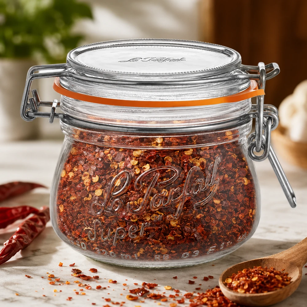 Le Parfait® pot 250 ml Ø70 mm voorraad 250ml Le Parfait voorraadpot super met draaidop gevuld met chilikruidenmix op houten tafel