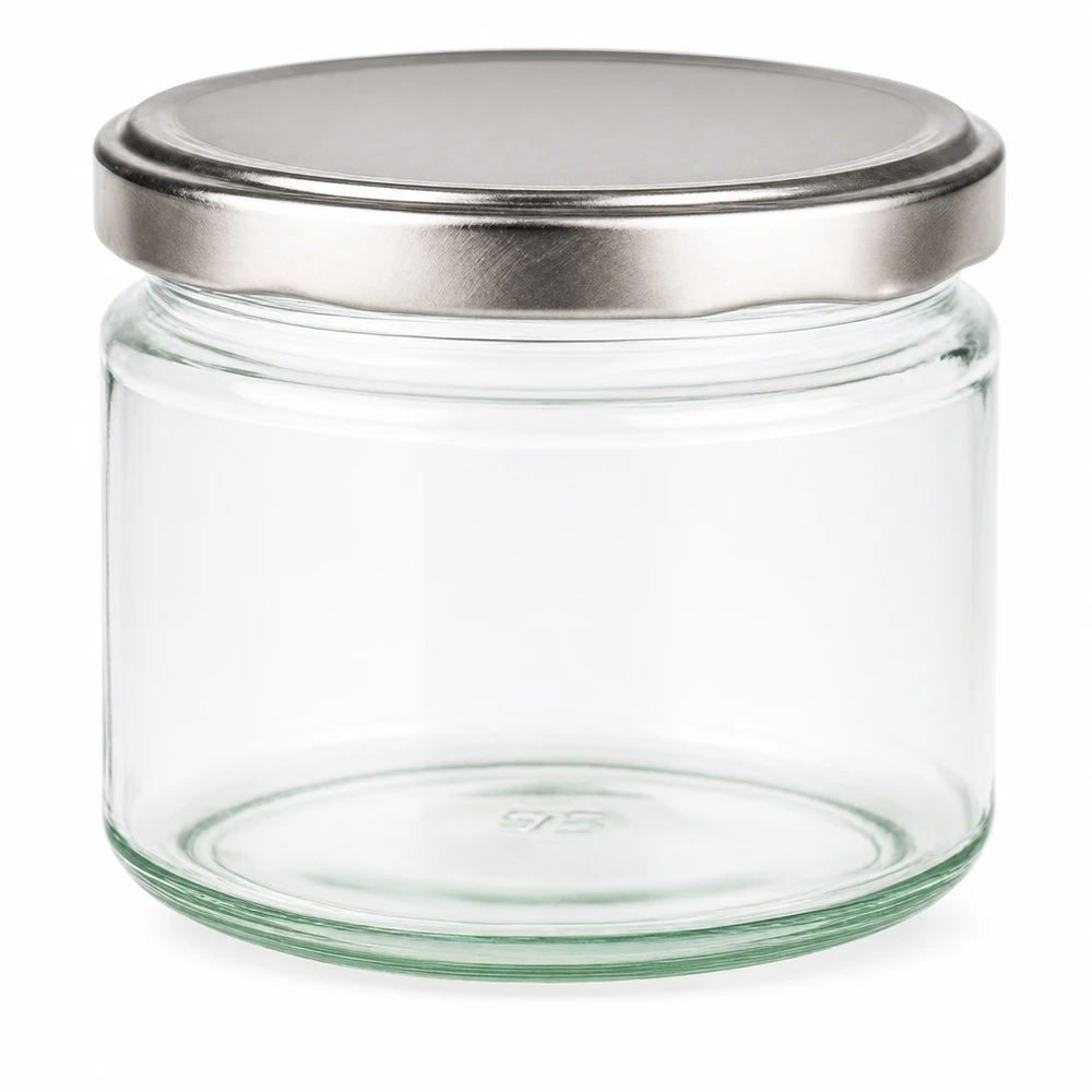 330ml rond glas met BasicSeal deksel zilver UNiTWIST 330ml ronde pot met zilveren BasicSeal deksel leeg op witte achtergrond Inmaakpot Voorraadpot