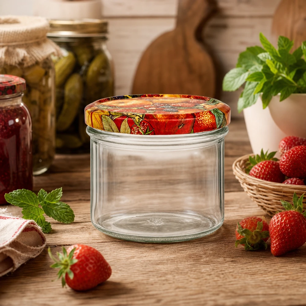 225ml bekers met BasicSeal deksel Fruit decor UNiTWIST Fruitdecor van 225 ml omringd door verse aardbeien en munt, perfect voor zelfgemaakte aardbeienjam