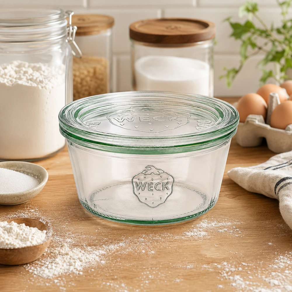 WECK 290ml RR100 bekers in keuken met meel, eieren en voorraadpotten als bakaccessoires en opslagoplossing