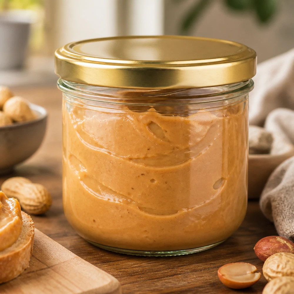 260ml bekers met BasicSeal deksel goud UNiTWIST 260ml mason jar gevuld met pindakaas BasicSeal deksel goud UNiTWIST omringd door noten op houten plank