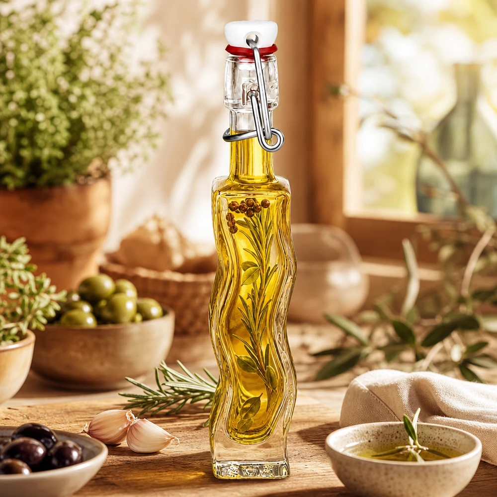 40 ml glazen fles Fila met PVC-sluiting UNiTWIST® 40ml glazen fles Anna gevuld met kruidenolie, mediterrane decoratie met olijven en rozemarijn op een houten tafel