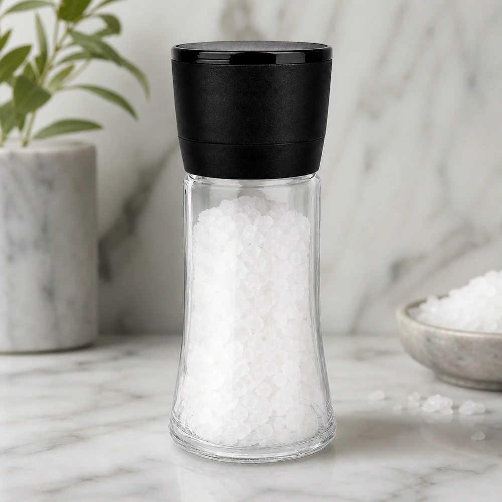 Zout-/kruidenpotje 95 ml met molen Vario zwart Zoutmolen van 95 ml met zwart maalwerk, gevuld met grof zeezout, op een marmeren onderzetter