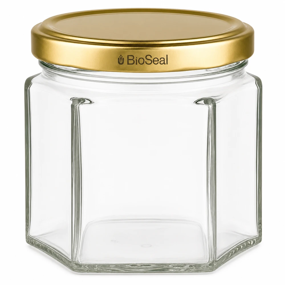 47ml hexaglas met BioSeal deksel goud UNiTWIST Zeshoekige glazen pot UNiTWIST Hexa47 met gouden TO43 BioSeal deksel voor conservering en opslag