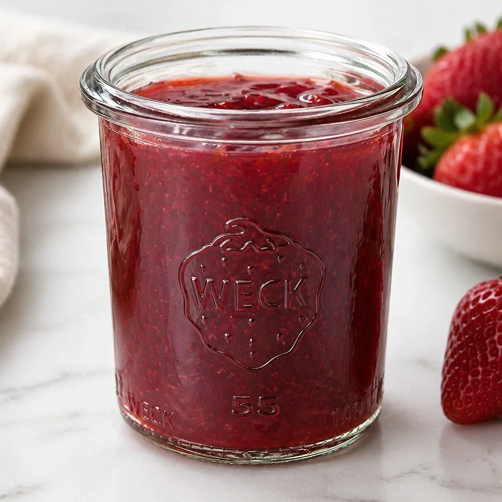 140ml stortglas WECK RR60 WECK bekers 140ml RR60 gevuld met rode aardbeienjam naast verse aardbeien op een wit vlak