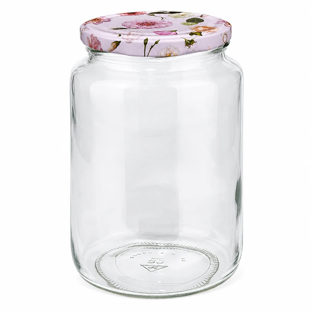 Ronde pot van 795 ml + BasicSeal-deksel met roze bloem UNiTWIST 795ml ronde pot met roze bloem deksel BasicSeal inmaakpot voorraadpot jampot