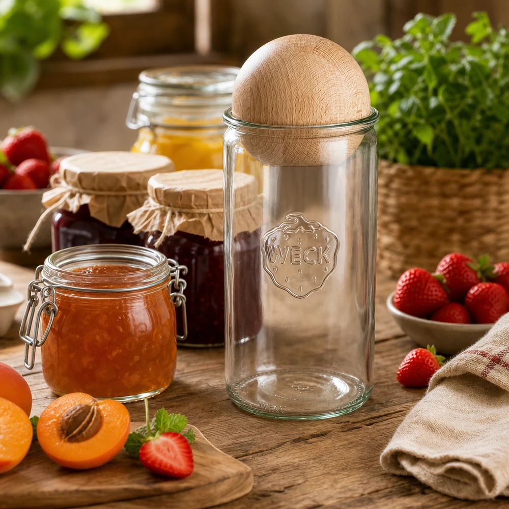 1590ml cilinderglas WECK RR100 met houten bal WECK pot 1590ml RR100 met beukenhouten bol in de keuken tussen jam, vers fruit en kruiden