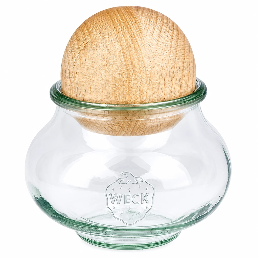 560ml juwelenglas WECK RR80 met houten bal WECK sieradenpot 560ml RR80 met beuken bol deksel houten voorraadpot met kurkafdichting transparant