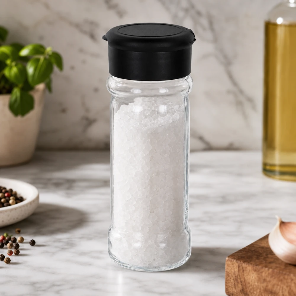 Gevuld zoutstrooierglas van 100 ml met zwarte deksel naast olijfolie en een houten plankje
