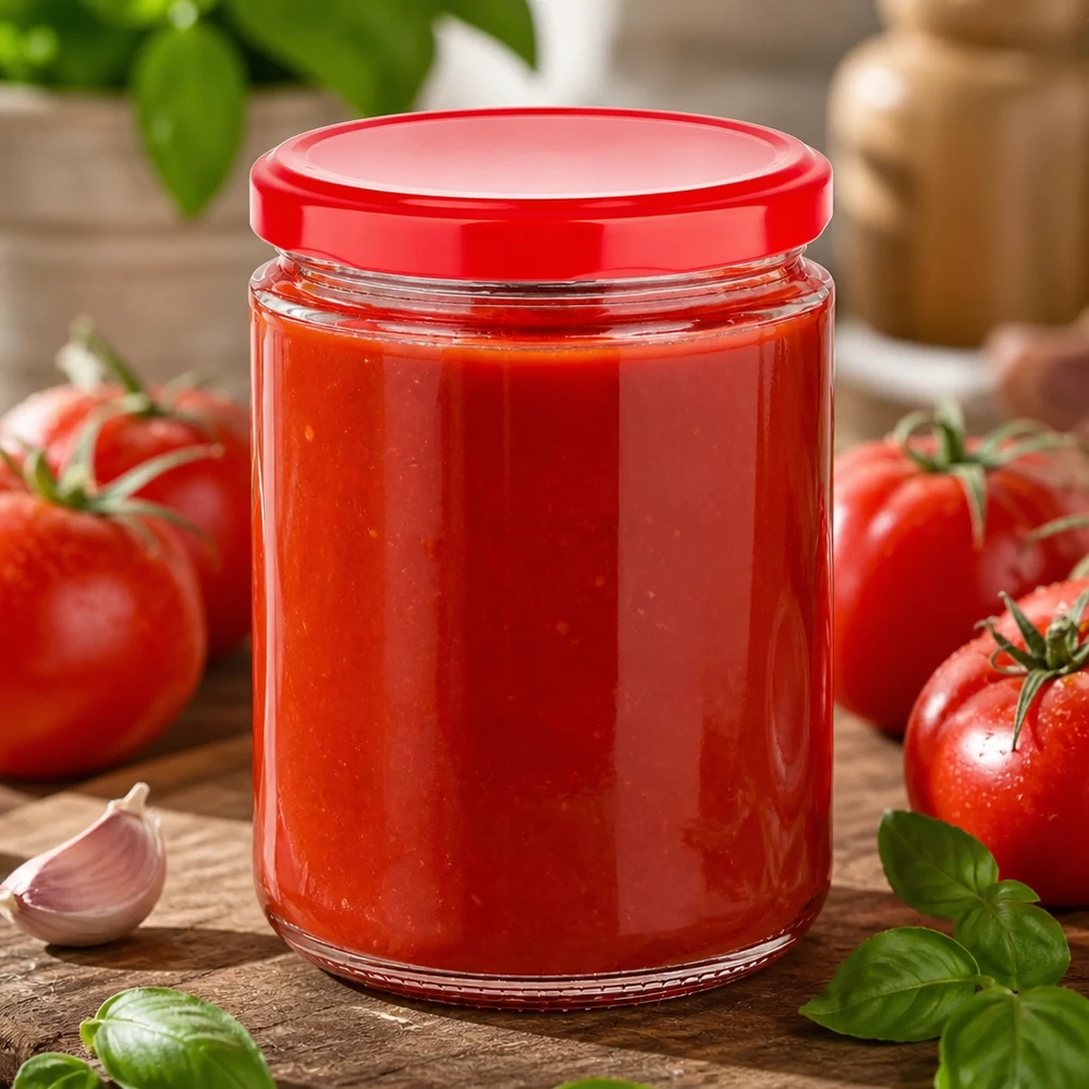 Herbruikbaar inmaakglas van 490 ml van UNiTWIST met rode BasicSeal-draaidop voor het inmaken van tomatensaus
