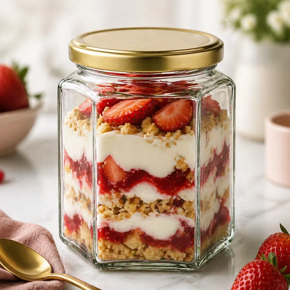 Honingpot 500 g met gouden deksel BasicSeal UNiTWIST 500g BasicSeal UT honingpot als dessertpot voor aardbeien trifle met roomkoekkruimels gouden zeshoekig deksel