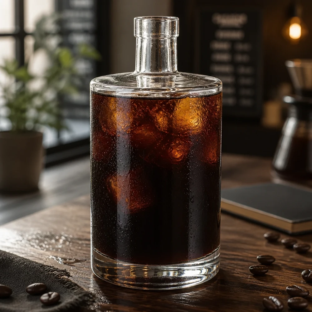 700 ml glazen fles Marie gevuld met cold brew koffie en ijsblokjes op een houten tafel met koffiebonen in het café