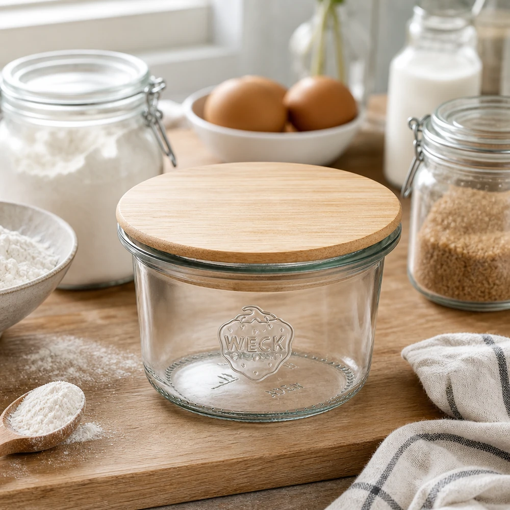 WECK bekers 80ml RR60 met bamboe deksel op houten plank omringd door bakingrediënten bloem eieren en melk in een moderne keuken