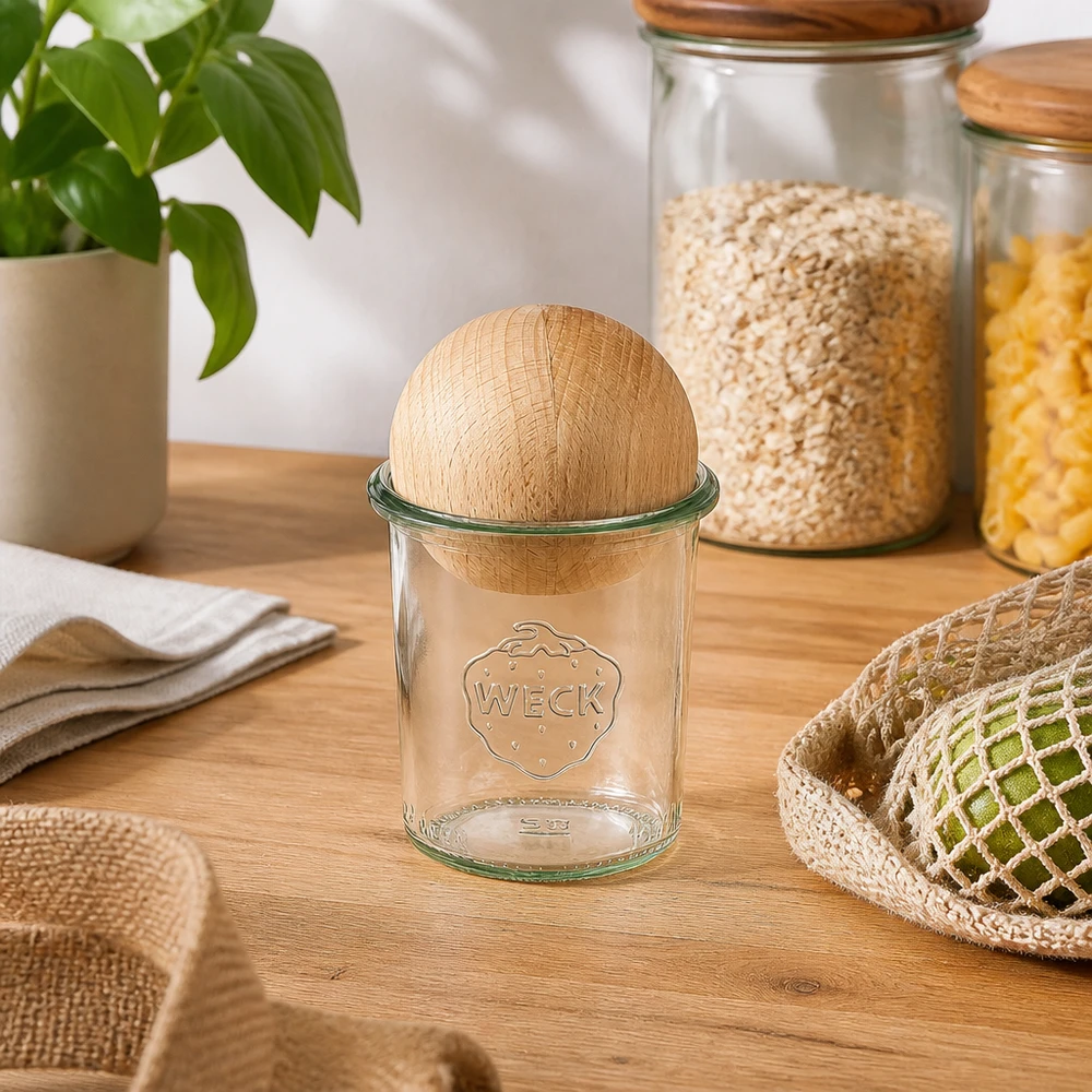 160ml stortglas WECK RR60 met houten bal WECK RR60 160ml mason jar met beukenhouten deksel op een houten tafel, omringd door duurzaam keukengerei