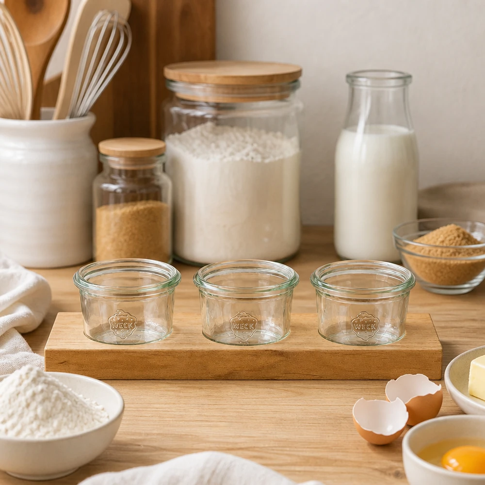 Serveerplank Plano3 met 3 Weck-glazen van 80 ml Plano3 serveerplank met 3 lege Weck 80ml bekers op houten werkblad tussen bakingrediënten en keukengerei