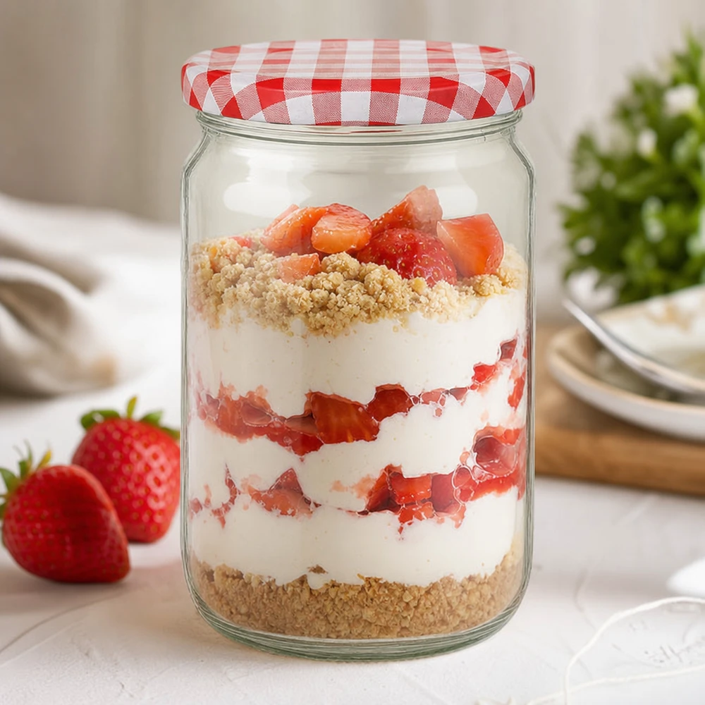 795ml rond glas met BasicSeal deksel rood/wit UNiTWIST 795 ml ronde pot met BasicSeal deksel als dessertpot met aardbeien, slagroom en hagelslag, perfect voor zoete desserts