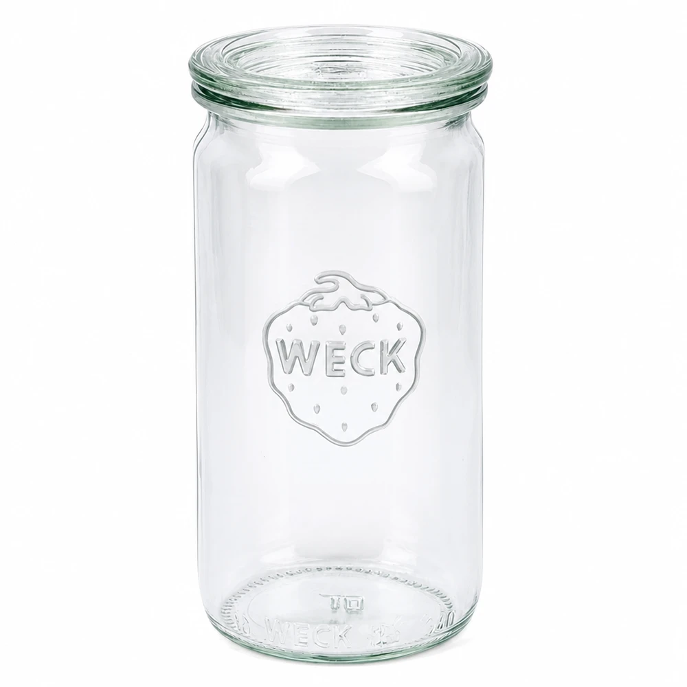 340ml cilinderglas met glazen deksel WECK RR60 WECK weckpot 340ml met glazen deksel RR60 weckpot transparant leeg op witte achtergrond