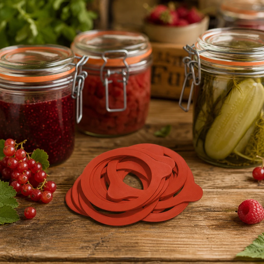 Weck-ring RR60 RR60 natuurrubberen inmaakringen in de keuken met gevulde inmaakpotten en verse bessen op een houten tafel