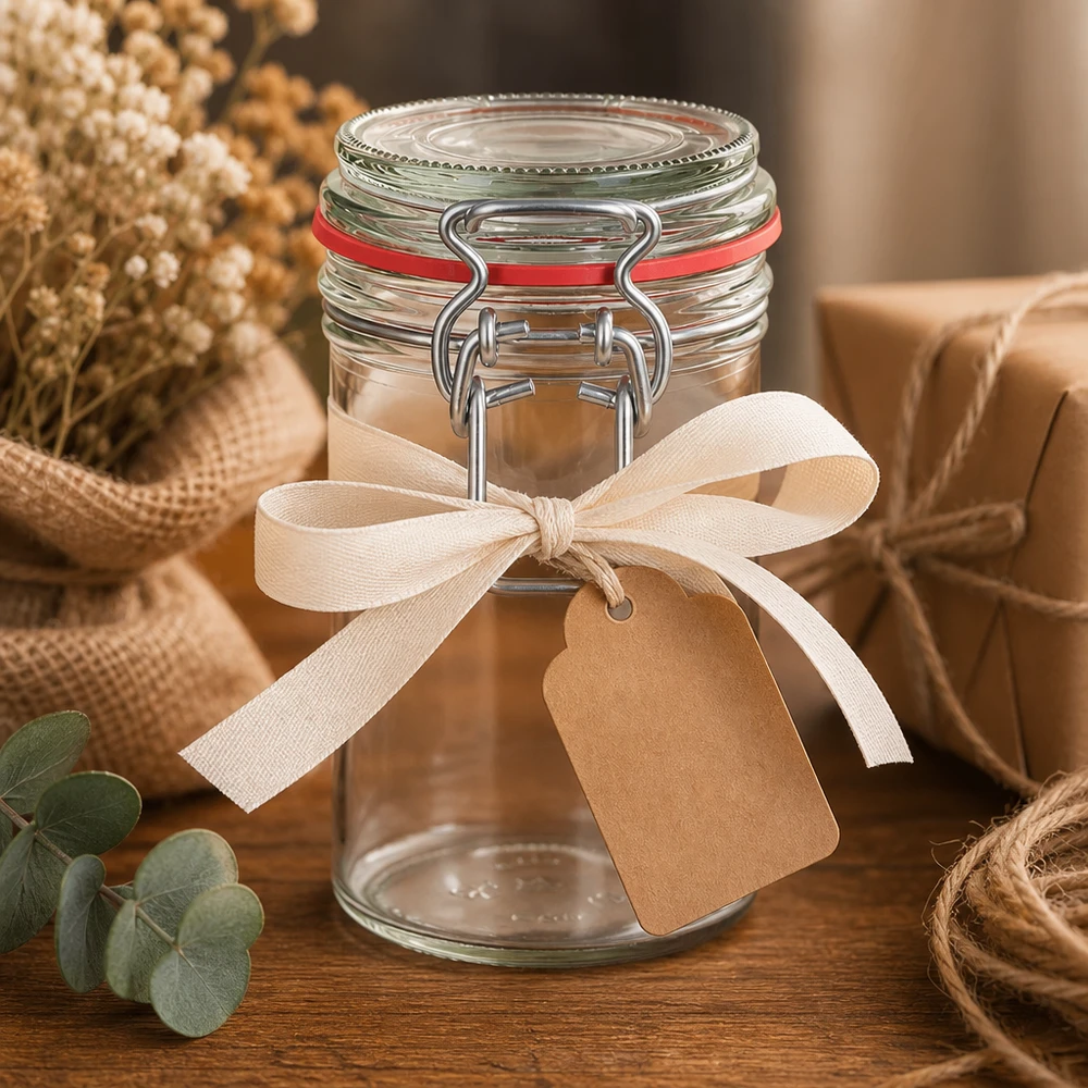 Voorraadpot van 272 ml met draaidop en rode verzegeling, versierd met beige strik en hanger op houten tafel