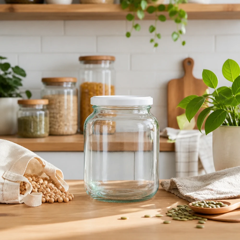 370ml ovaal glas met BasicSeal deksel wit UNiTWIST 370 ml ovale pot UNiTWIST met BasicSeal deksel wit in duurzame zero-waste keuken met peulvruchten en planten