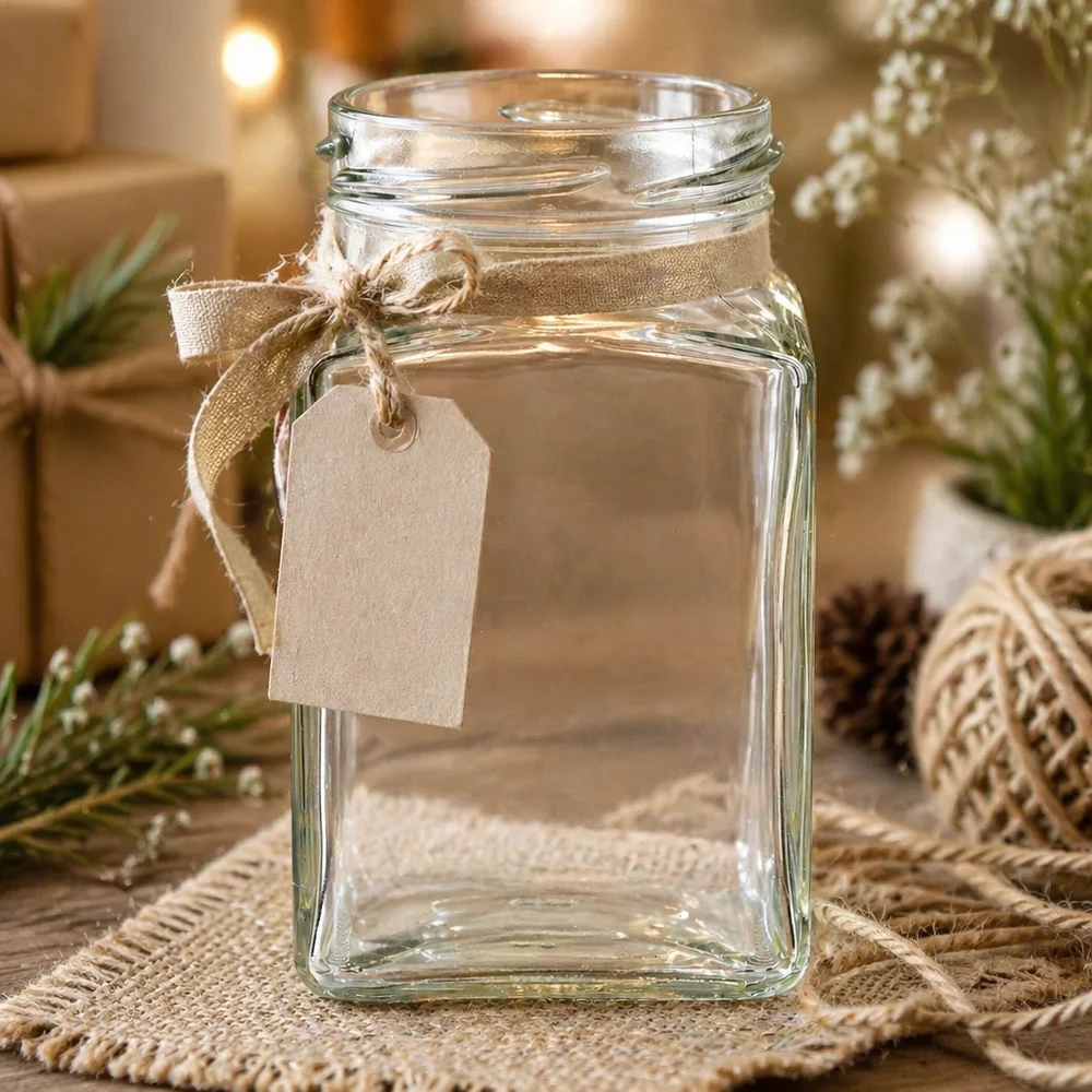 260ml tetraglas zonder deksel (TO58) UNiTWIST UNiTWIST Tetra260 4-hoekige pot 260ml TO58 inmaakpot met lint en rustieke decoratiehanger