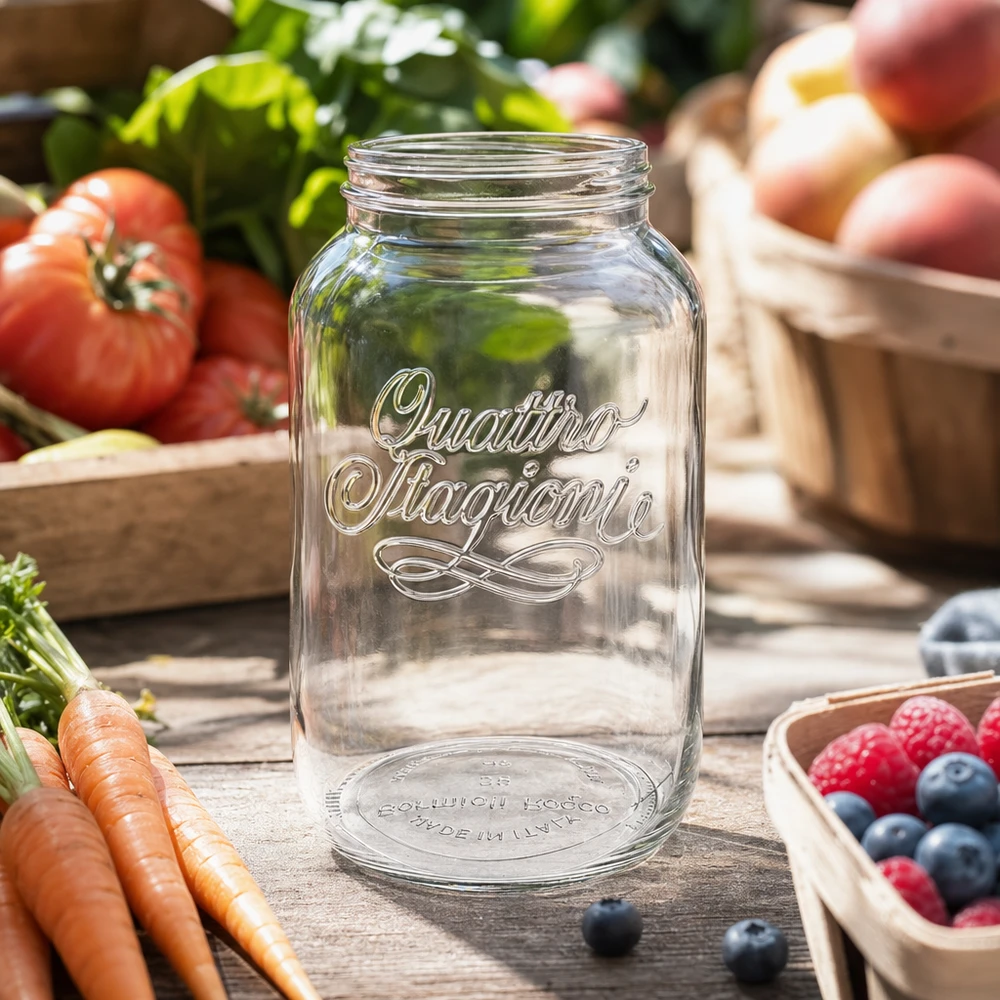 3800ml Quattro Stagioni huishoudpot inmaakpot transparant met opschrift omringd door vers fruit en groenten