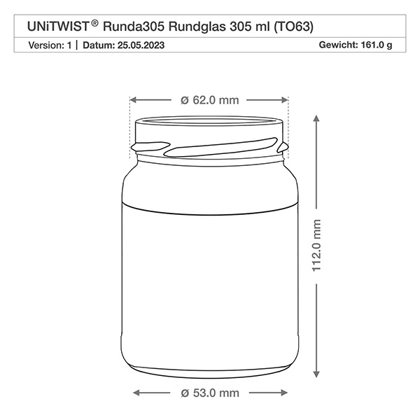 305ml rond glas zonder deksel (TO63) UNiTWIST UNiTWIST Runda305 Rond glas 305ml TO63 met technische tekening Afmetingen Diameter 62mm Hoogte 112mm Gewicht 161g