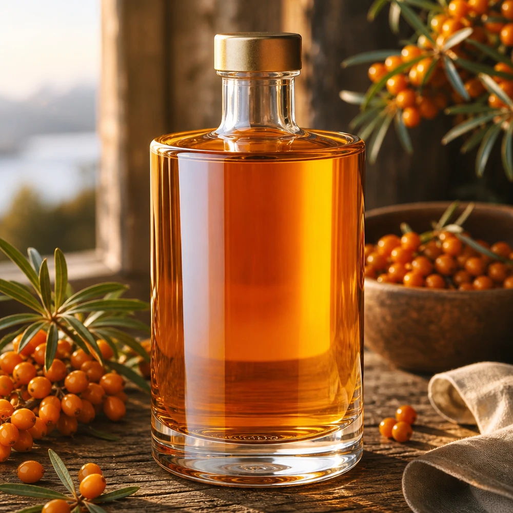375 ml glazen fles Sam + schroefdop goud UNiTWIST® 375ml Glasflasche Sam mit goldenem Verschluss neben Sanddornbeeren dekorative Lifestyle Aufnahme Spirituosen Öle
