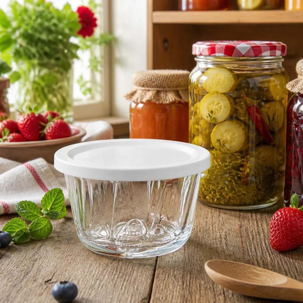 WECK Gugelhupf pot 165ml RR80 decoratief opgesteld in een rustieke keuken met inmaakpotten en vers fruit