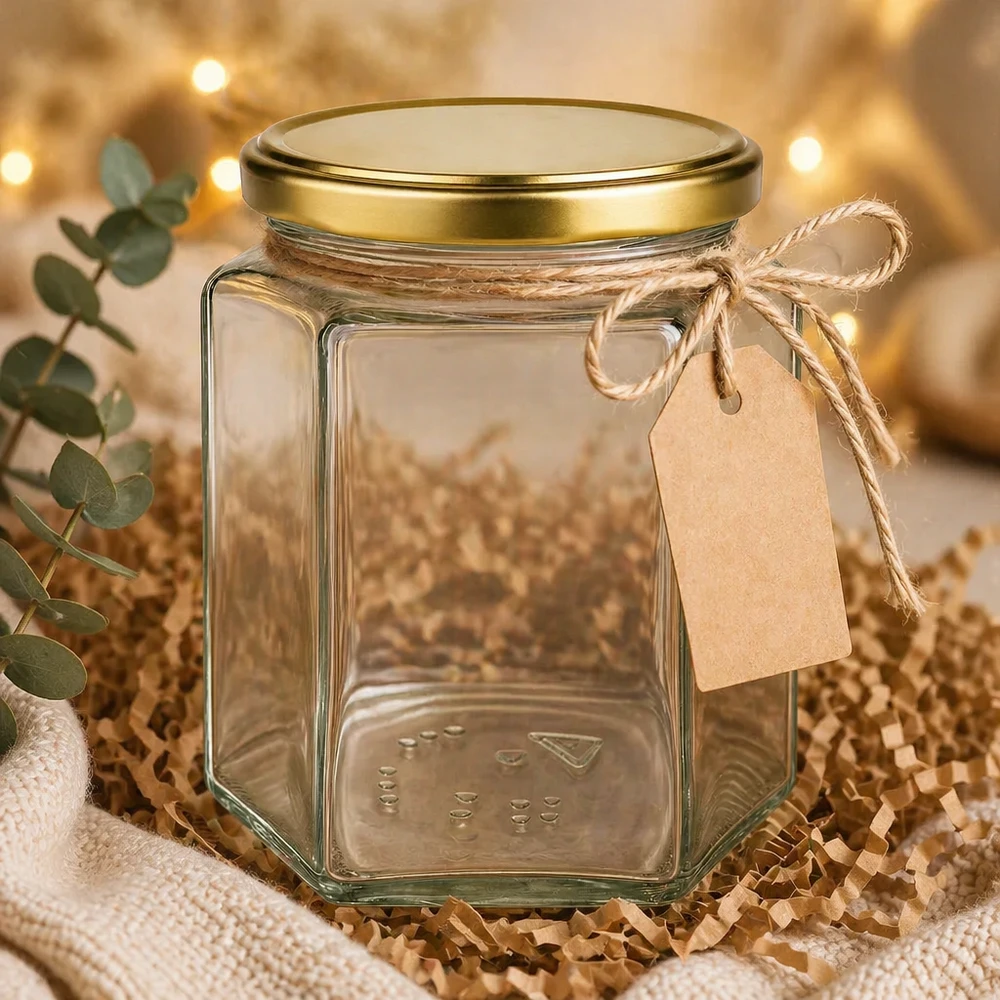 Honingpot 500 g met gouden deksel BasicSeal UNiTWIST 500g Honigglas BasicSeal UT mit Geschenkanhänger Bastband dekorativ präsentiert warme Beleuchtung Geschenkidee