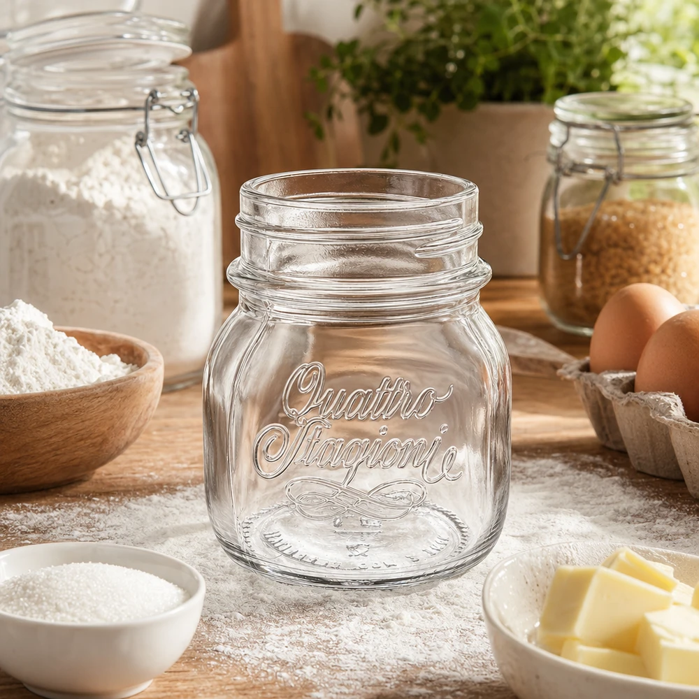 150ml Quattro Stagioni huishoudpot inmaakpot op houten tafel met bakingrediënten bloem eieren boter keukenaccessoires