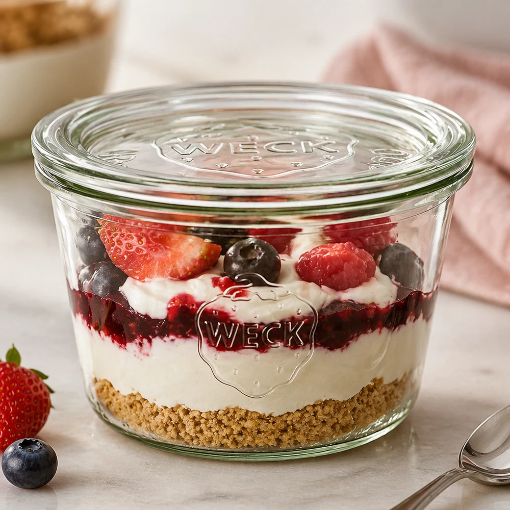 WECK RR100-pot van 370 ml met glazen deksel WECK bekers 370ml RR100 met gelaagd dessert van biscuitcrème en bessen gebruikt als dessertpotje