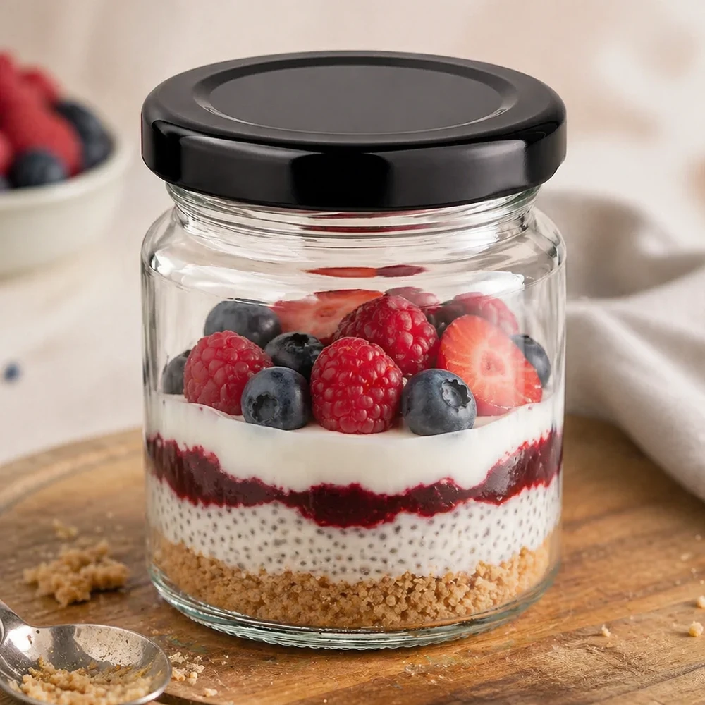 53ml rond glas met BasicSeal deksel zwart UNiTWIST 53 ml rond potje met zwart BasicSeal deksel als dessertpotje gevuld met chia pudding en gemengde bessen