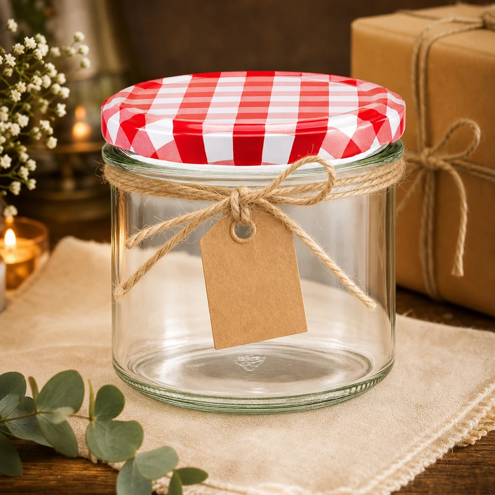 225ml bekers met BasicSeal deksel rood/wit UNiTWIST 225 ml glazen pot leeg met rood en wit geblokt deksel als geschenkverpakking versierd met jute koord en label