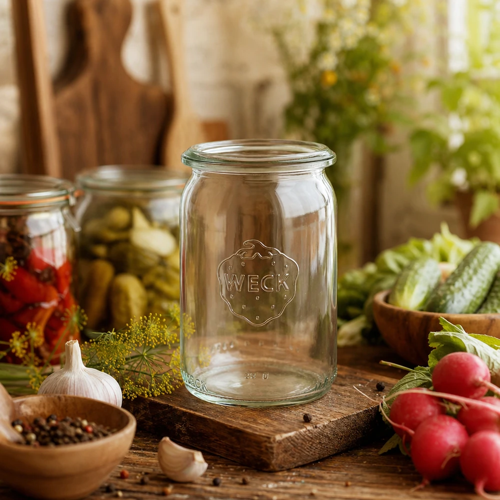 WECK RR40 cilindervormige pot 145ml in rustieke keuken decoratief gerangschikt met verse groenten en inmaak ingrediënten