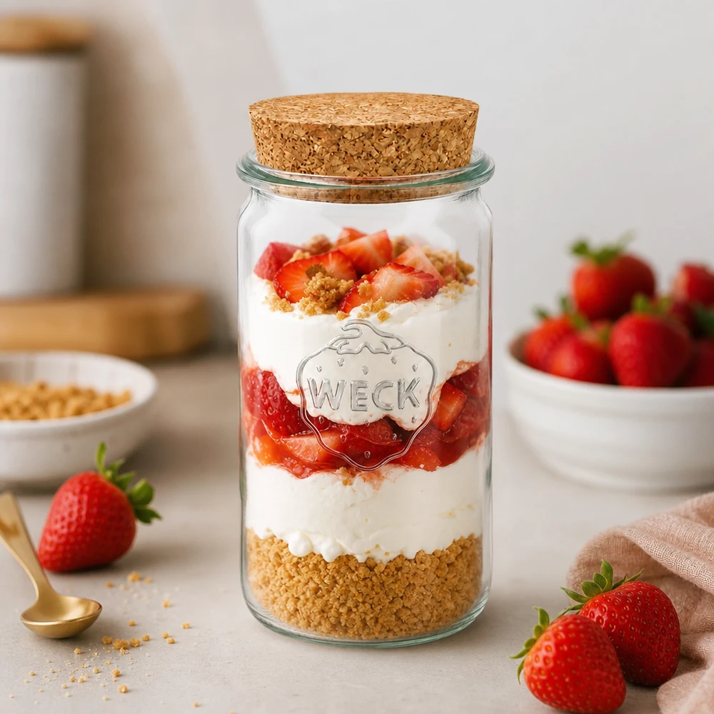 WECK pot 340ml RR60 als dessertpot gevuld met aardbeien en slagroom laat het veelzijdige gebruik van de kurken pot zien
