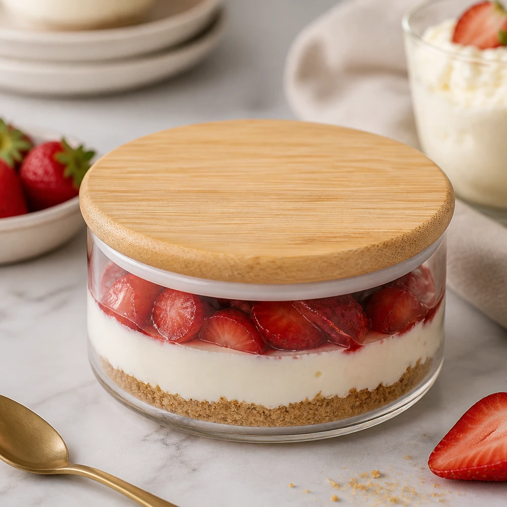 WECK houten deksel RR80 versie A met aardbeientaart in een pot - praktische toepassing voor desserts en opslag