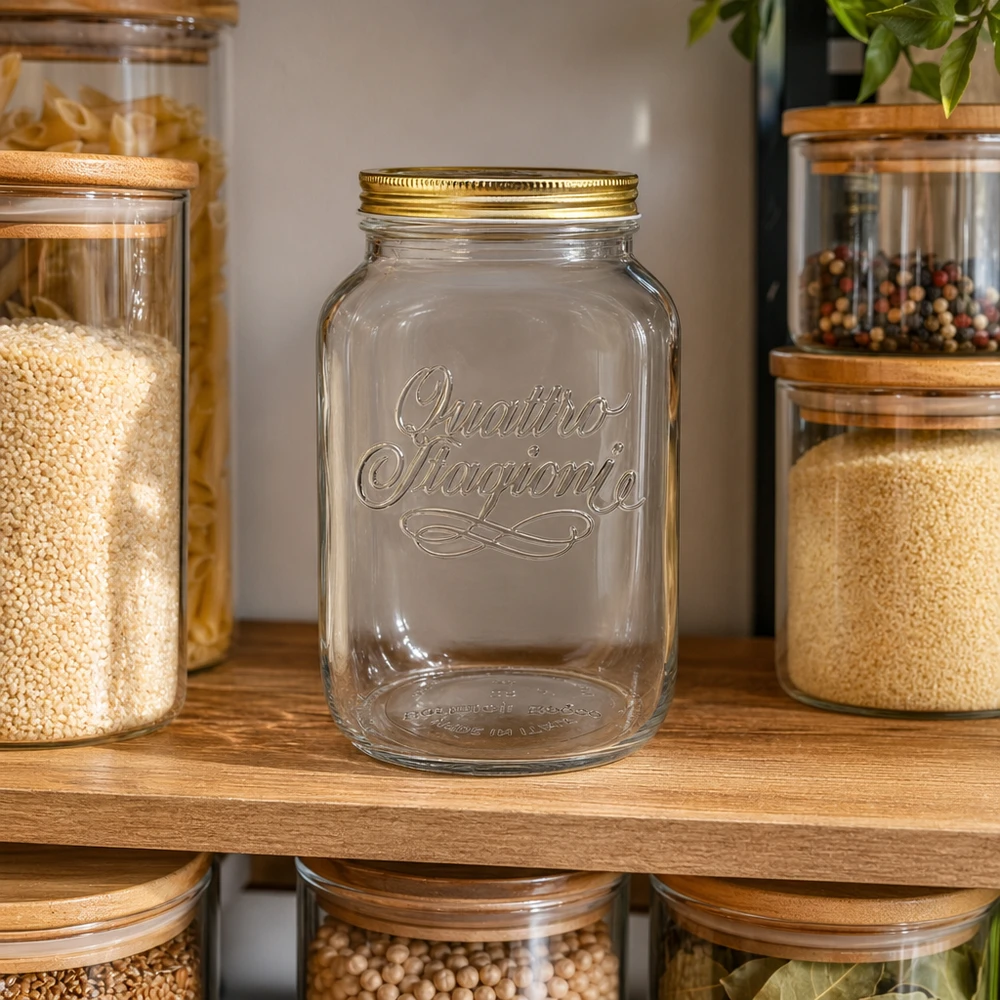 3800 ml rond glas "Quattro Stagioni" met deksel Quattro Stagioni voorraadpot 3800ml leeg op een houten plank tussen voorraadpotten gevuld met kruiden en granen