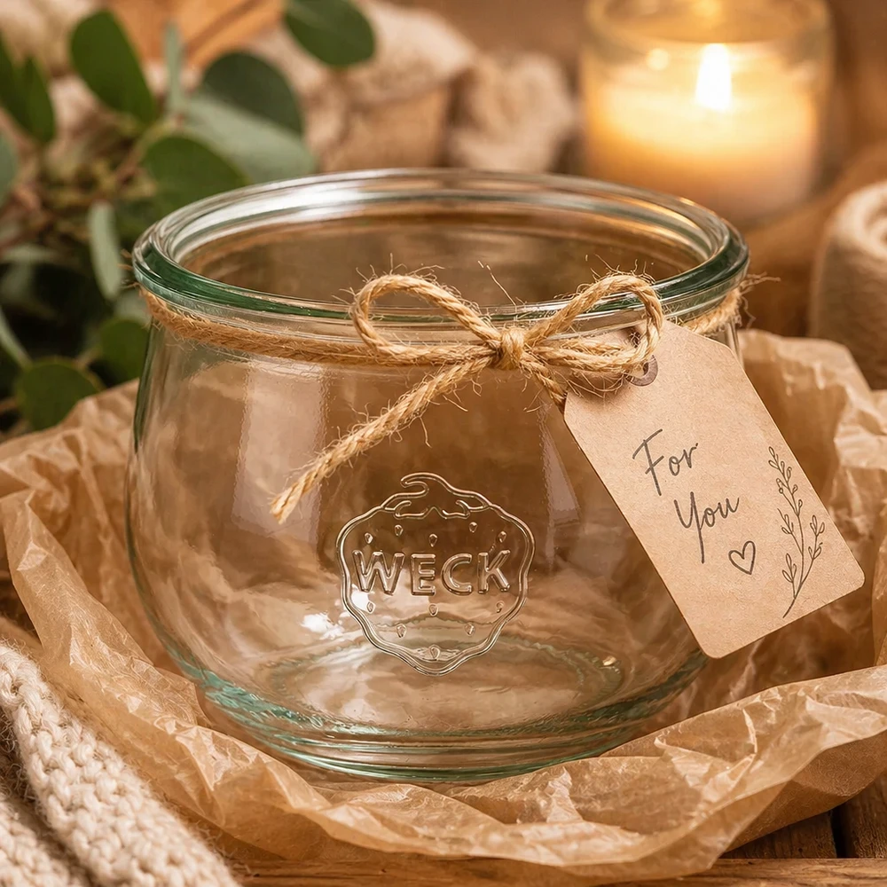WECK RR100 tulpvormige pot van 580 ml WECK tulpenpot 580ml RR100 met cadeaulabel en jute koord op houten tafel met kaars en decoratie