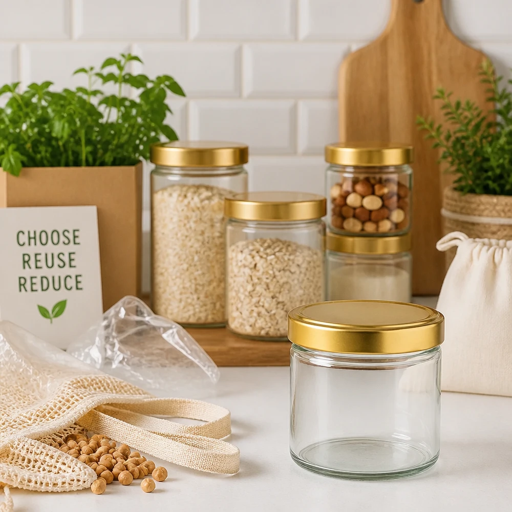230ml cilindrische pot met BasicSeal deksel goud UNiTWIST 230 ml cilinderpot met gouden deksel in duurzame zero-waste keuken tussen voorraadpotten en eco-producten
