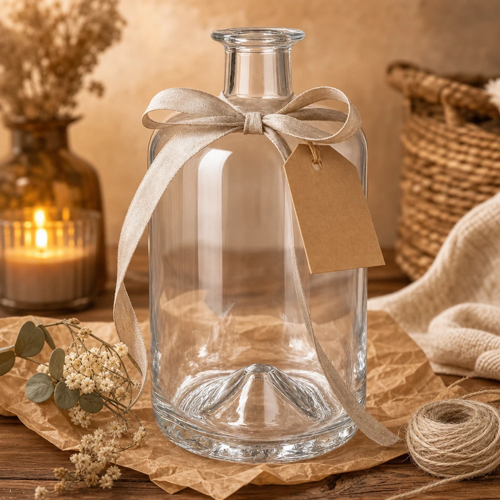 700 ml apothekersfles Sofia zonder sluiting UNiTWIST® 700 ml glazen fles Sofia leeg met decoratieve strik en cadeaulabel in een gezellige ambiance