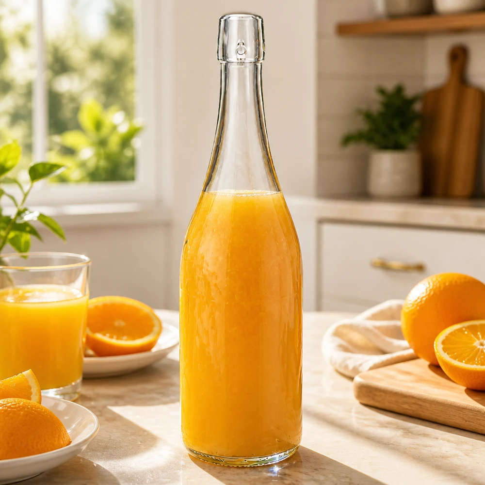750 ml glazen fles zonder draaidop UNiTWIST 750ml UNiTWIST glazen fles gevuld met vers sinaasappelsap lichte keuken ontbijt vitamine C gezonde voeding