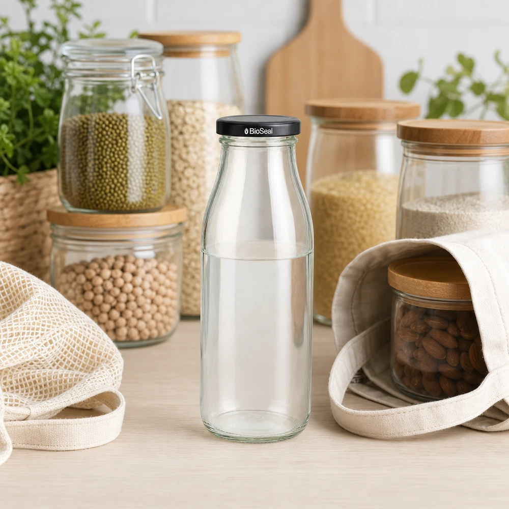 500ml fles met BioSeal deksel zwart UNiTWIST 500 ml glazen fles met zwart BioSeal deksel in een duurzame keukenomgeving met voorraadpotten en jute zakken