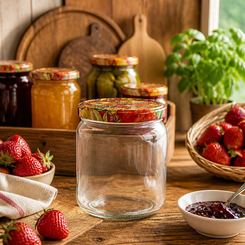 408ml rond glas met BasicSeal deksel Fruit decor UNiTWIST 408ml ronde pot leeg met BasicSeal deksel Fruit decor in een rustieke keuken naast aardbeien en jampotten