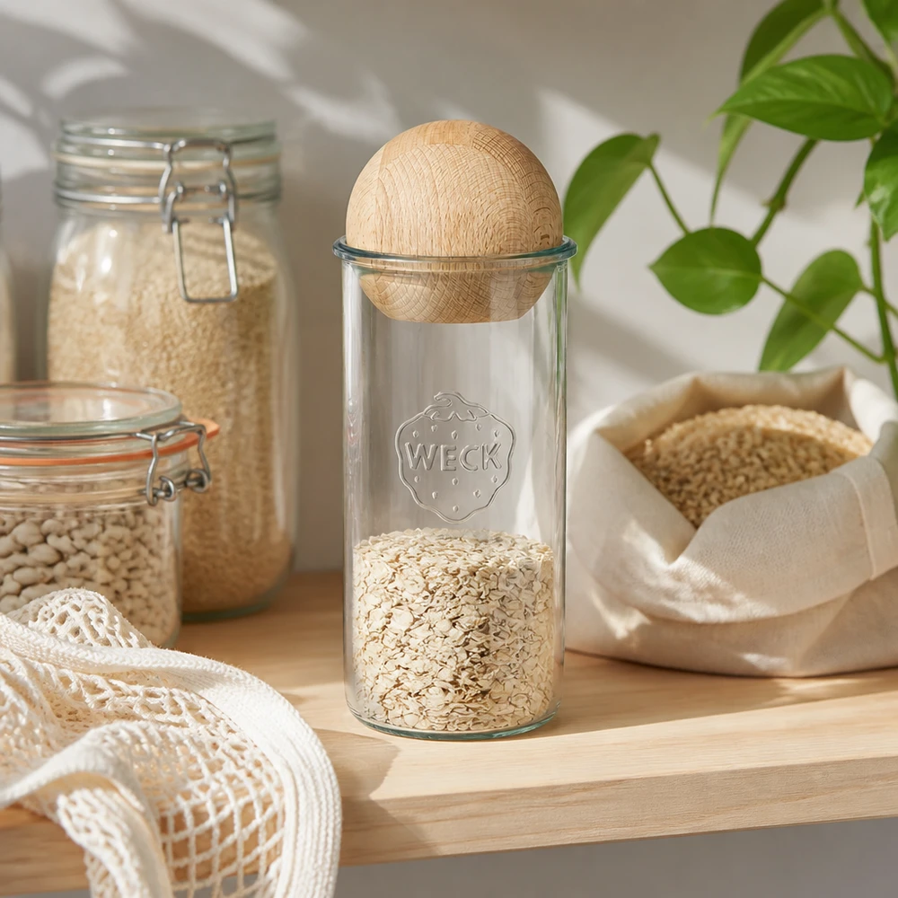 1500ml stortglas WECK RR100 met houten bal WECK RR100 1500ml mason jar gevuld met havervlokken, houten bal beuken deksel, zero-waste keukenopslag