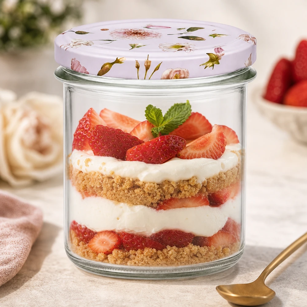 Glazen van 350 ml + BasicSeal-deksel met roze bloem UNiTWIST 350ml bekers roze bloem deksel dessert aardbeien room gelaagd dessert inmaakpot dessert tiramisu pot