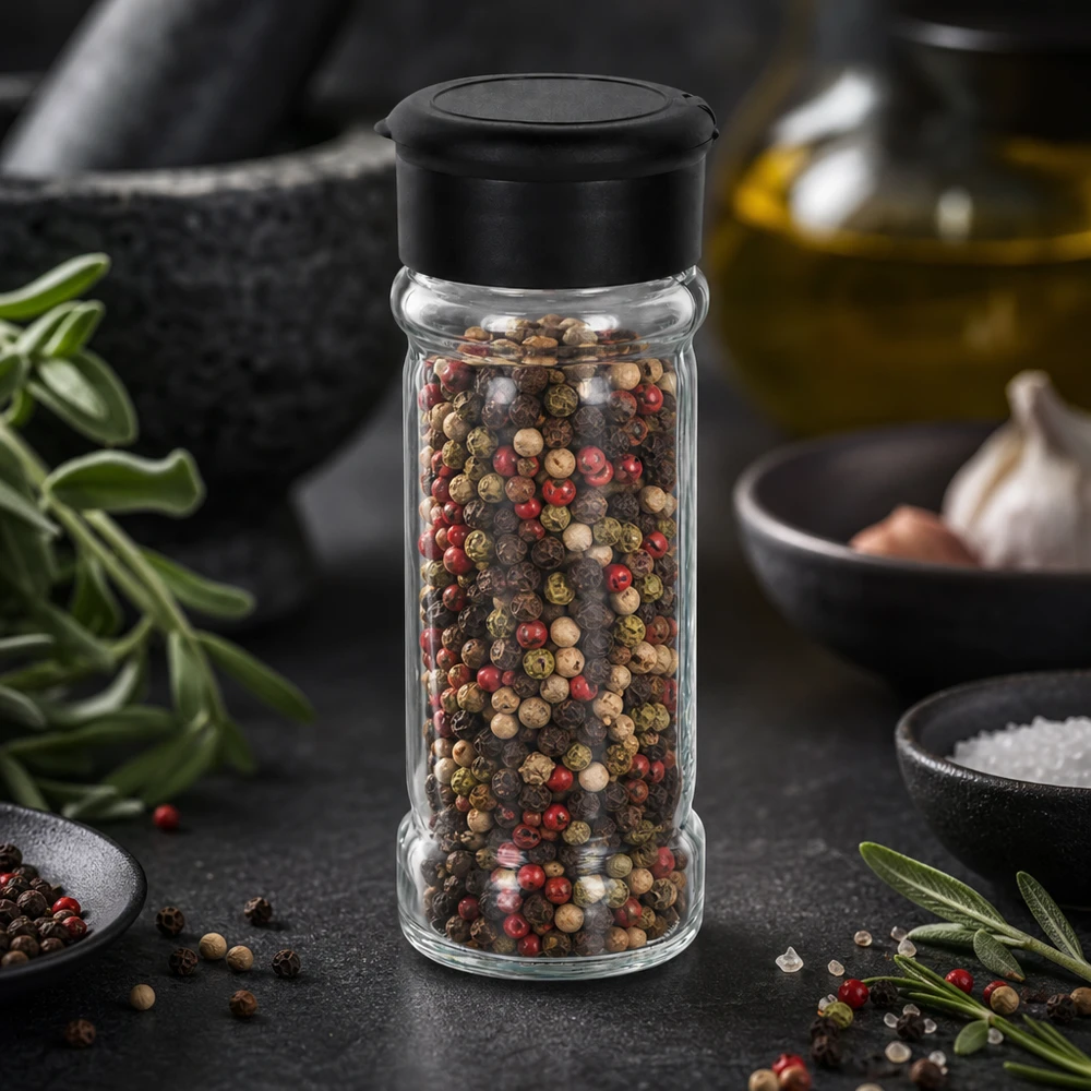 Kruidenpotje van 100 ml met rode, groene en zwarte peper, naast een vijzel en zout in een stenen schaaltje