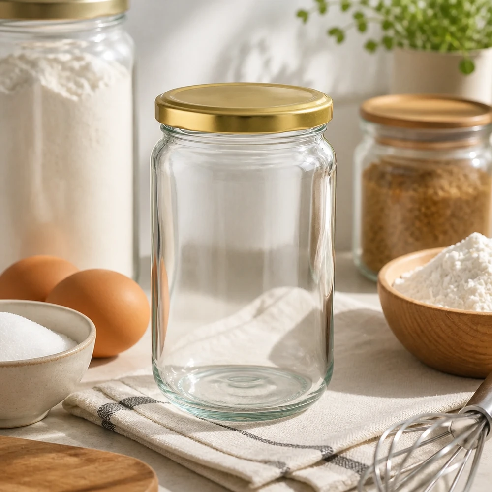 305ml rond glas met BasicSeal deksel goud UNiTWIST 305ml Rundglas UNiTWIST mit goldnem Deckel in moderner Küche - perfekt zum Backen und Kochen mit Eiern und Mehl